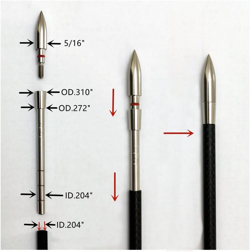 ZOEKO Stainless-Steel Arrow Inserts Suitable for ID .204" .244" Carbon Arrows, Suitable for 5/16" Field Points, Cuttable from 35-200 Grain (A Dozen) - Image 3
